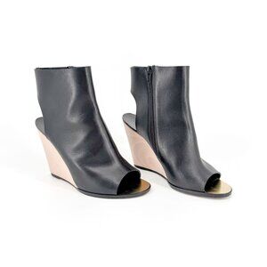 Chanel Black Leather Peep Toe CC Wedge Heel Ankle Booties Shoes Size 39 US 8–8.5